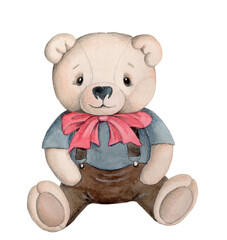 Cute cartoon teddy bear, plush soft baby toy, animal. Isolated watercolor hand drawn illustration for children. 