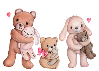 Cute cartoon teddy bear, plush soft baby toy, animal. Isolated watercolor hand drawn illustration for children. 