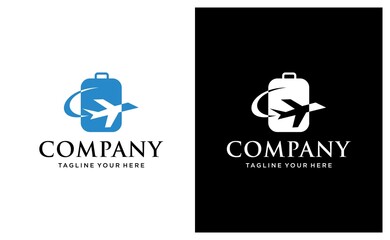 Traveling suitcase and Air Plan Travel logo design element. on a black and white background.