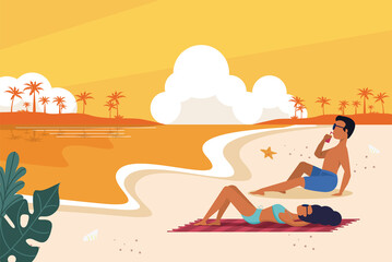 People in beach - Sunset relaxing, poster