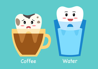 White clean smiling tooth is in the water glass. Dirty cavity tooth is in the coffee cup cartoon character in flat design. Dental health care concept.
