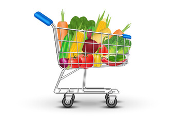 Side view fresh vegetables and fruit in shopping with shopping cart isolated on white background. Realistic vector illustration.
