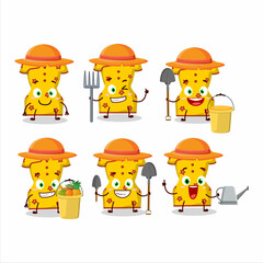 Farmer yellow clothing of chinese woman cute mascot character with fork