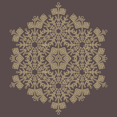 Round vector brown and golden snowflake. Abstract winter ornament. Pattern with golden snowflake