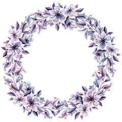 Very Peri. Spring flowers wreath. Isolated clip art element for design of invitations, cards. Arrangement of pink and white wildflowers in the form of a wreath.