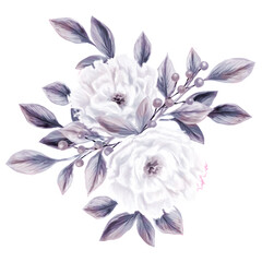 Very Peri. Bouquet of spring flowers. Isolated botanical illustration for design of invitations, greeting cards. Composition of pink and white wildflowers.