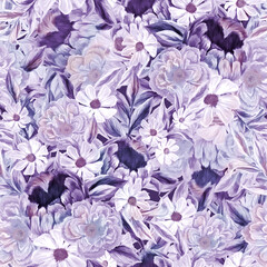 Very Peri. Spring flowers seamless pattern. Botanical background. Arrangement of pink and white wildflowers.