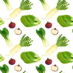 Watercolor hand drawn seamless vegetable pattern, isolated on white background.