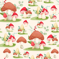 cute hand drawing mushroom and leaves seamless pattern design
