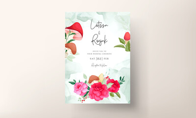 Beautiful rose flower and cute mushroom hand drawing wedding invitation card template