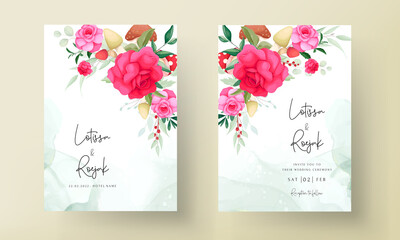 Beautiful rose flower and cute mushroom hand drawing wedding invitation card template