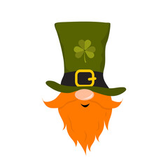 St. Patrick day gnome. Cute leprechaun in green hat. Vector illustration in flat cartoon style. Hand drawn element for irish holiday.