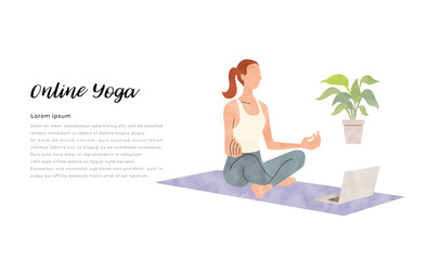 ベクターイラスト素材：オンラインヨガを楽しむ若い女性
