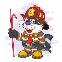 Cartoon Raccoon Fireman.  A colorful illustration of a cartoon raccoon as a fireman. A raccoon in a fire helmet and uniform, holds a fire hook and a fire ax in his hands. 