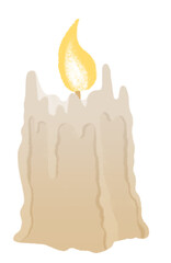 Melted burning candle illustration with flame. Halloween art, witchcraft, wicca. Isolated on white background
