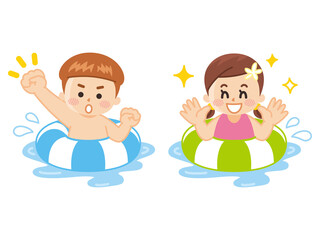 浮き輪で遊ぶ水着の子供