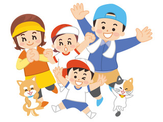 運動する親子とペット　スポーツ　健康