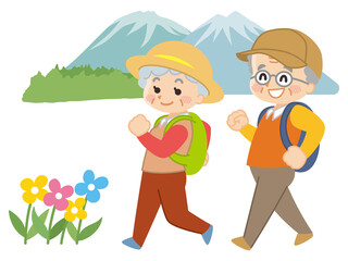 ハイキングをするシニア夫婦　散歩　ウォーキング