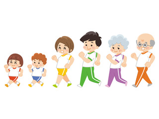 ジャージを着て歩く家族　運動　スポーツ　ウォーキング