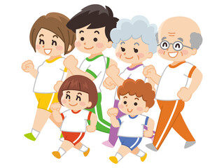 ジャージを着て歩く家族　運動　スポーツ　ウォーキング