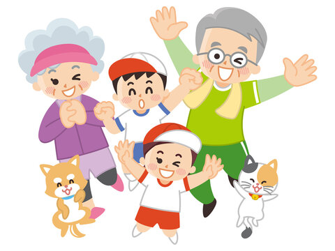 運動する祖父母と孫とペット　スポーツ　健康