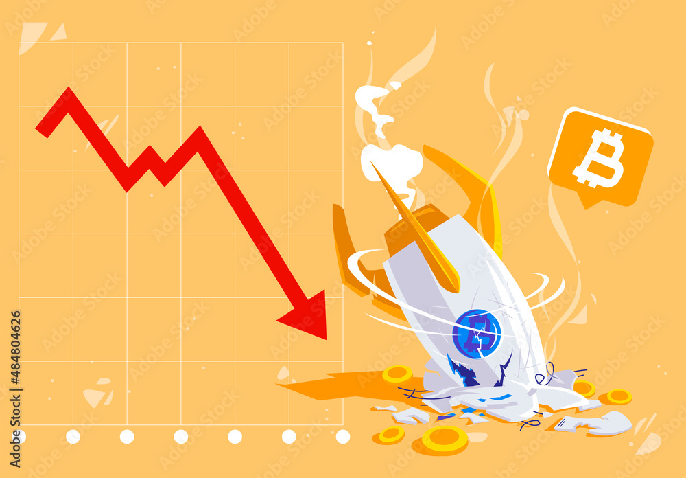Poster vector illustration of a crashed rocket, the concept of a drop in the value of a cryptocurrency with