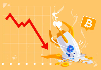 vector illustration of a crashed rocket, the concept of a drop in the value of a cryptocurrency with a red down arrow on the graph