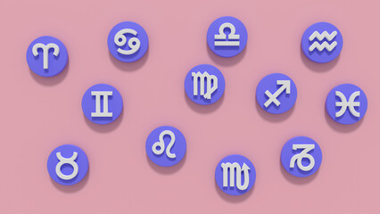 Three-dimensional icons of the twelve signs of the zodiac. White zodiac signs on blue discs on a pink background. 3D render.