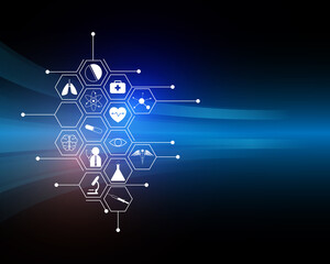 modern medical and health innovation symbols on blue background