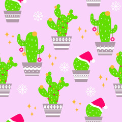 Seamless christmas pattern with cute cactus and pastel pink background