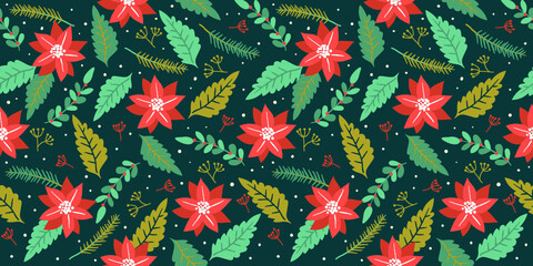 Christmas and Happy New Year Seamless pattern with poinsettia leaves
