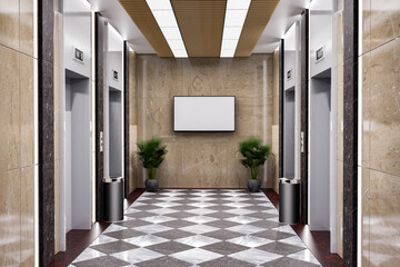 3D mock up billboard advertising near elevator with corridor