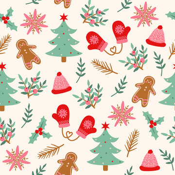 Seamless christmas pattern retro style with gingerbread cookies