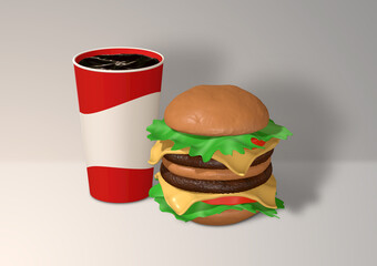 3D rendering image of cheese burger with a cup of cola soft drink
