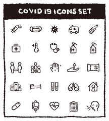 手描きの可愛い新型コロナウィルスアイコンセット　COVID-19アイコンセット