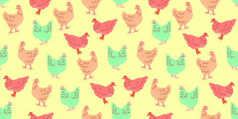 Seamless / surface pattern with hen / chicken, perfect for textile, paper print, easter or else. Scandinavian and retro style