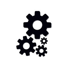 3d four black gears. Mechanism settings in business, team work together. The concept of cooperation, partnership. Joint work process, engine progress. Gears of one mechanism. One whole. Vector