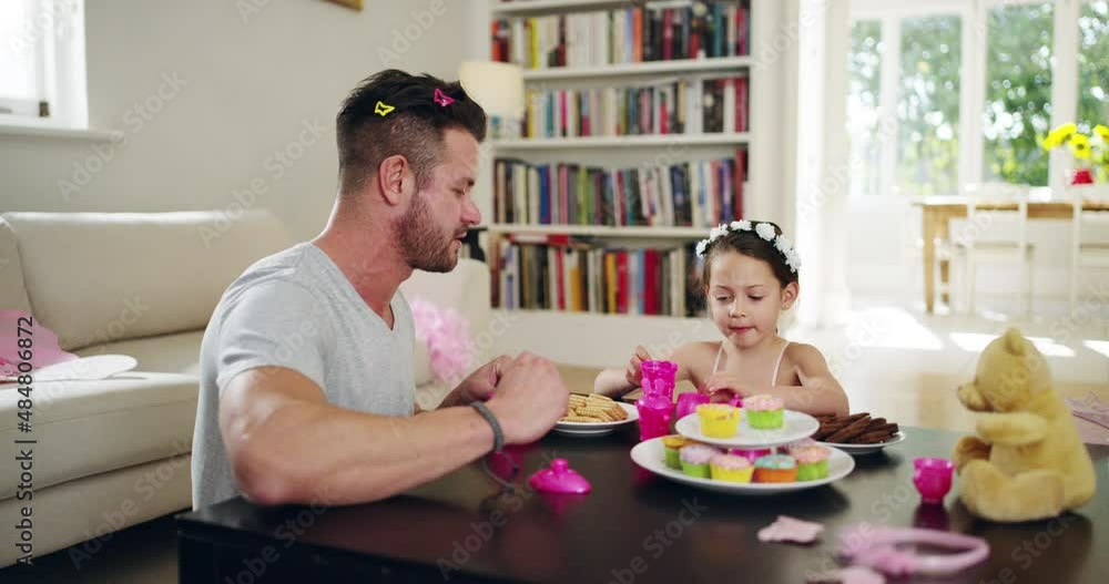 Sticker Daddy has vip access to my royal tea party. Happy family, cute daughter and dad, playing dress up and having fun together. Carefree young father having a tea party with little child girl at home