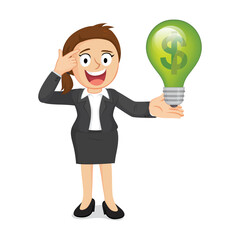 Businesswoman in suit holding dollar sign light bulb, vector illustration cartoon