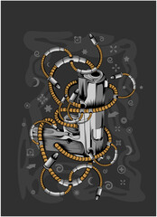 cartoon robot firearm t-shirt design illustration