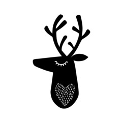 Deer head silhouette. Stylized drawing reindeer in simple scandi style. Nursery scandinavian art. Black and white vector illustration - 484807655
