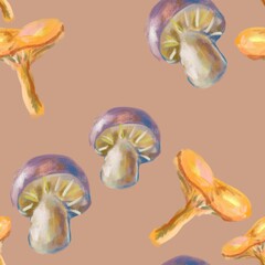 Seamless pattern of abstract dark and light forest mushrooms on a light brown background for textile.