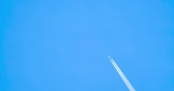 Video shot of an airplane flying in the blue sky.