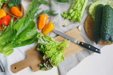 vegetables on a chopping board. Healthy lifestyle. Kitchen ingredients. Raw food. Ready to eat. Detox. Diet menu. 