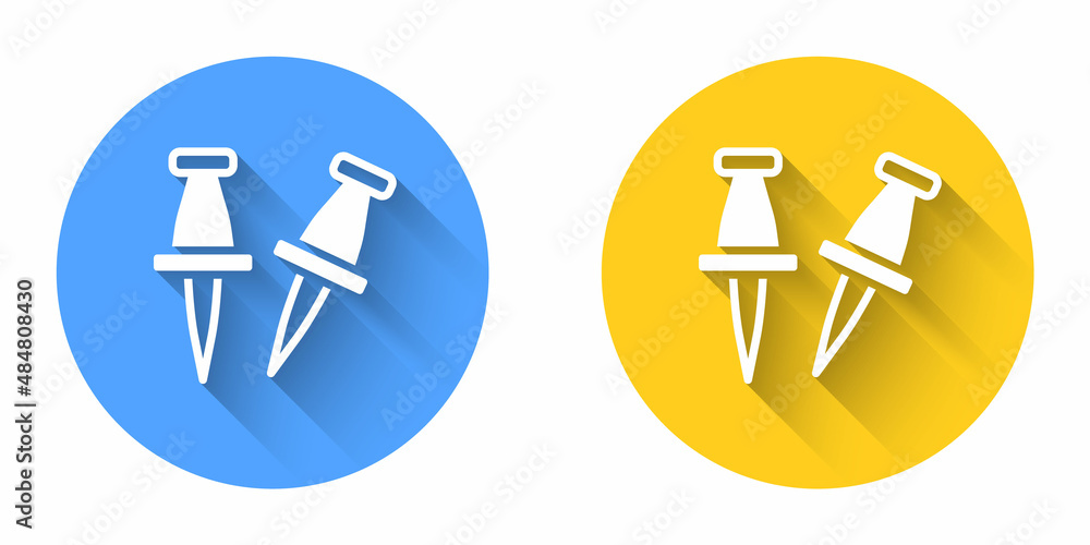 Poster white push pin icon isolated with long shadow background. thumbtacks sign. circle button. vector