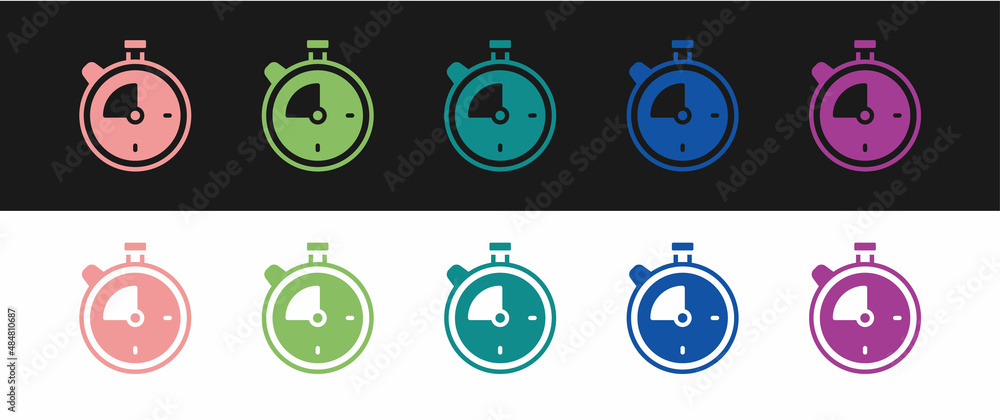 Poster set stopwatch icon isolated on black and white background. time timer sign. chronometer sign. vector