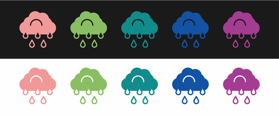 Set Cloud with rain icon isolated on black and white background. Rain cloud precipitation with rain drops. Vector