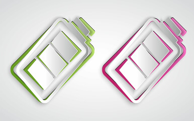 Paper cut Battery charge level indicator icon isolated on grey background. Paper art style. Vector