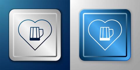 White Heart with glass of beer icon isolated on blue and grey background. Silver and blue square button. Vector