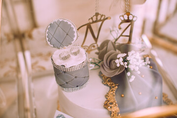 Wedding details. White cake made for engagement day. 